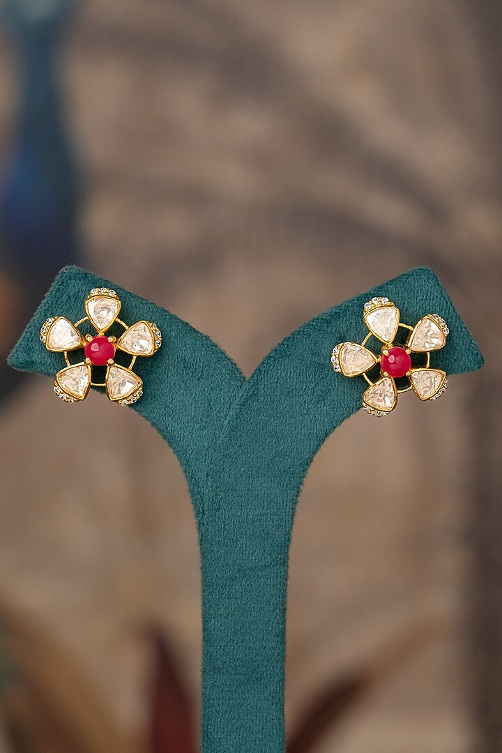 Gold Plated Pink Kundan Polki Stud Earrings In Sterling Silver by Varq Jewels at Pernia's Pop Up Shop
