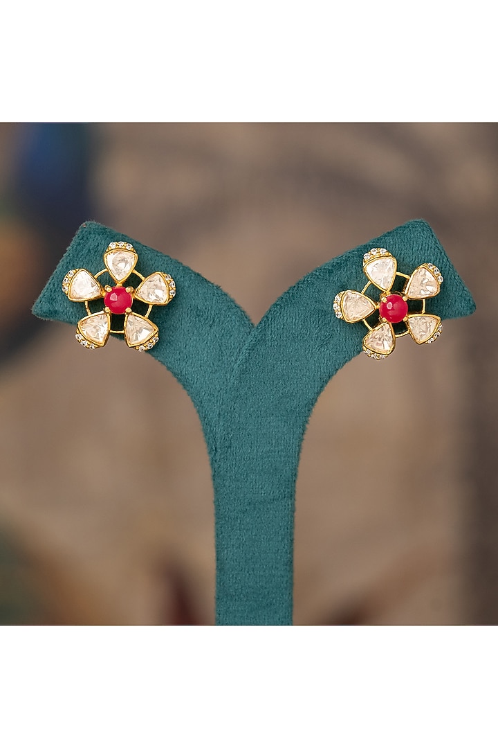 Gold Plated Pink Kundan Polki Stud Earrings In Sterling Silver by Varq Jewels at Pernia's Pop Up Shop