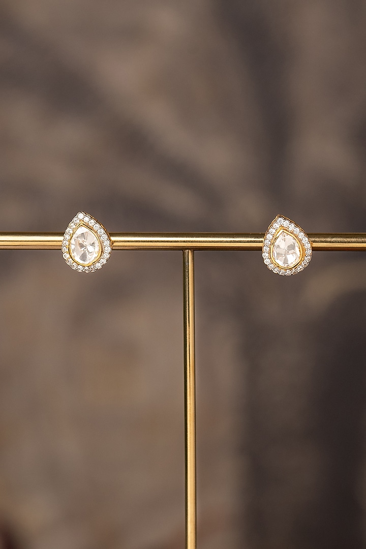 Gold Plated White Kundan Polki Stud Earrings In Sterling Silver by Varq Jewels at Pernia's Pop Up Shop