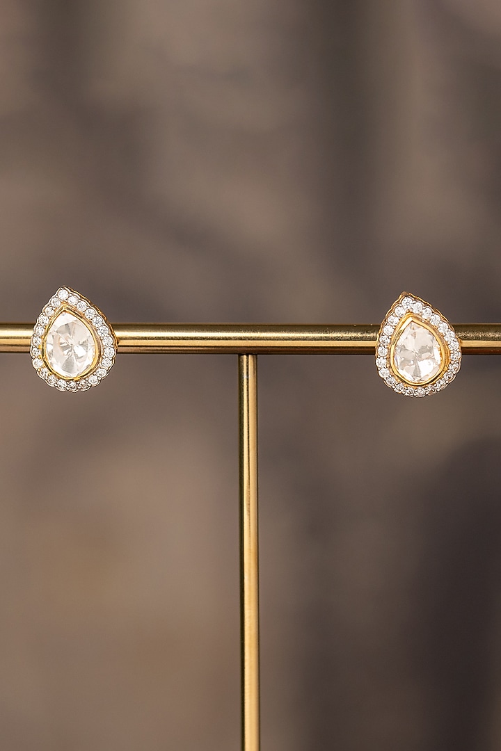 Gold Plated White Kundan Polki Stud Earrings In Sterling Silver by Varq Jewels at Pernia's Pop Up Shop