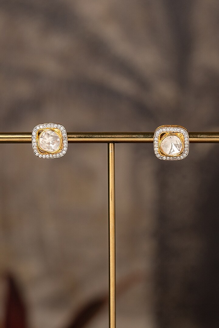 Gold Plated White Kundan Polki Stud Earrings In Sterling Silver by Varq Jewels at Pernia's Pop Up Shop