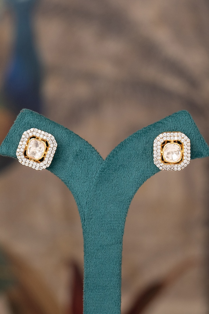 Gold Plated White Kundan Polki Stud Earrings In Sterling Silver by Varq Jewels at Pernia's Pop Up Shop
