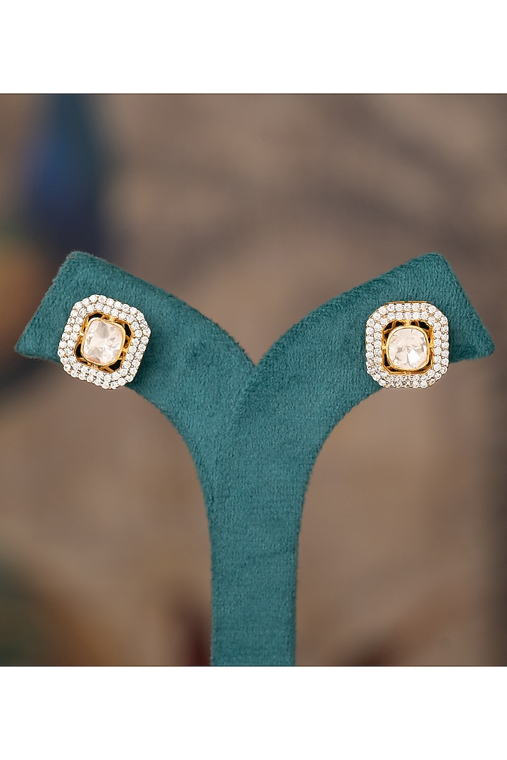 Gold Plated White Kundan Polki Stud Earrings In Sterling Silver by Varq Jewels at Pernia's Pop Up Shop