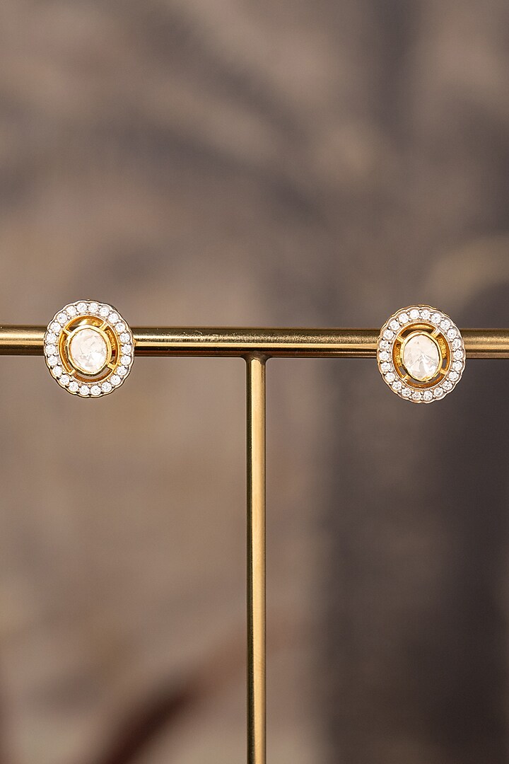 Gold Plated White Kundan Polki Stud Earrings In Sterling Silver by Varq Jewels at Pernia's Pop Up Shop