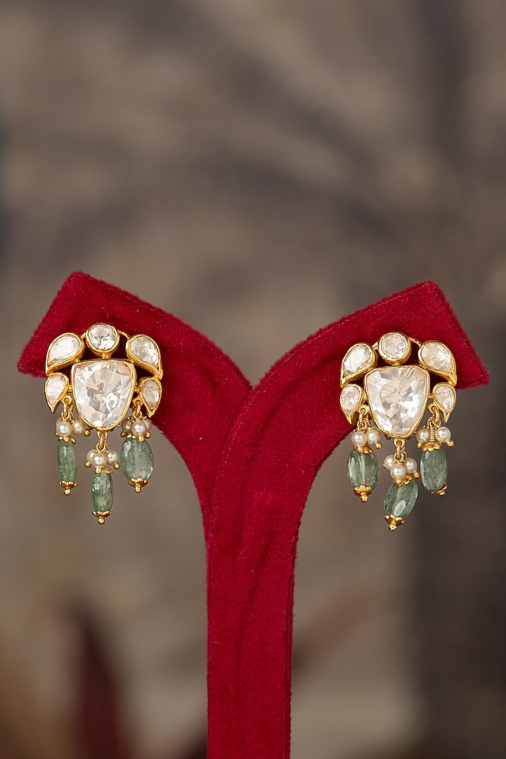 Gold Plated White Kundan Polki Dangler Earrings In Sterling Silver by Varq Jewels at Pernia's Pop Up Shop
