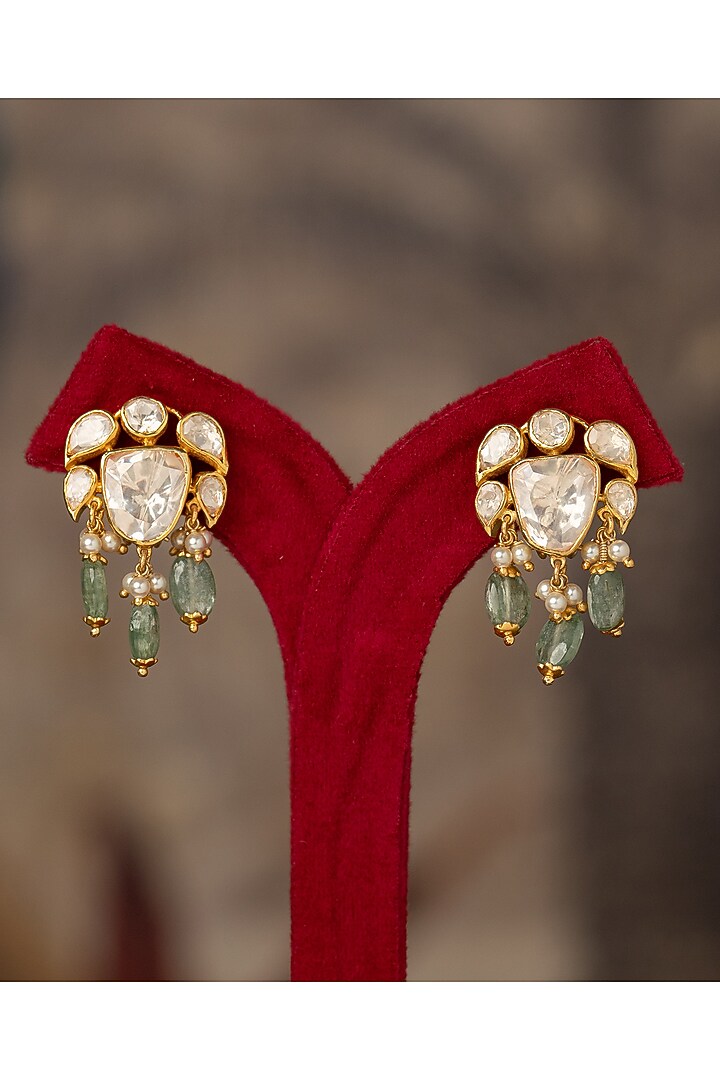 Gold Plated White Kundan Polki Dangler Earrings In Sterling Silver by Varq Jewels at Pernia's Pop Up Shop