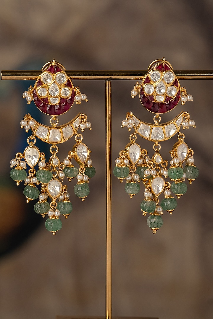 Gold Plated Multi-Colored Kundan Polki Dangler Earrings In Sterling Silver by Varq Jewels at Pernia's Pop Up Shop