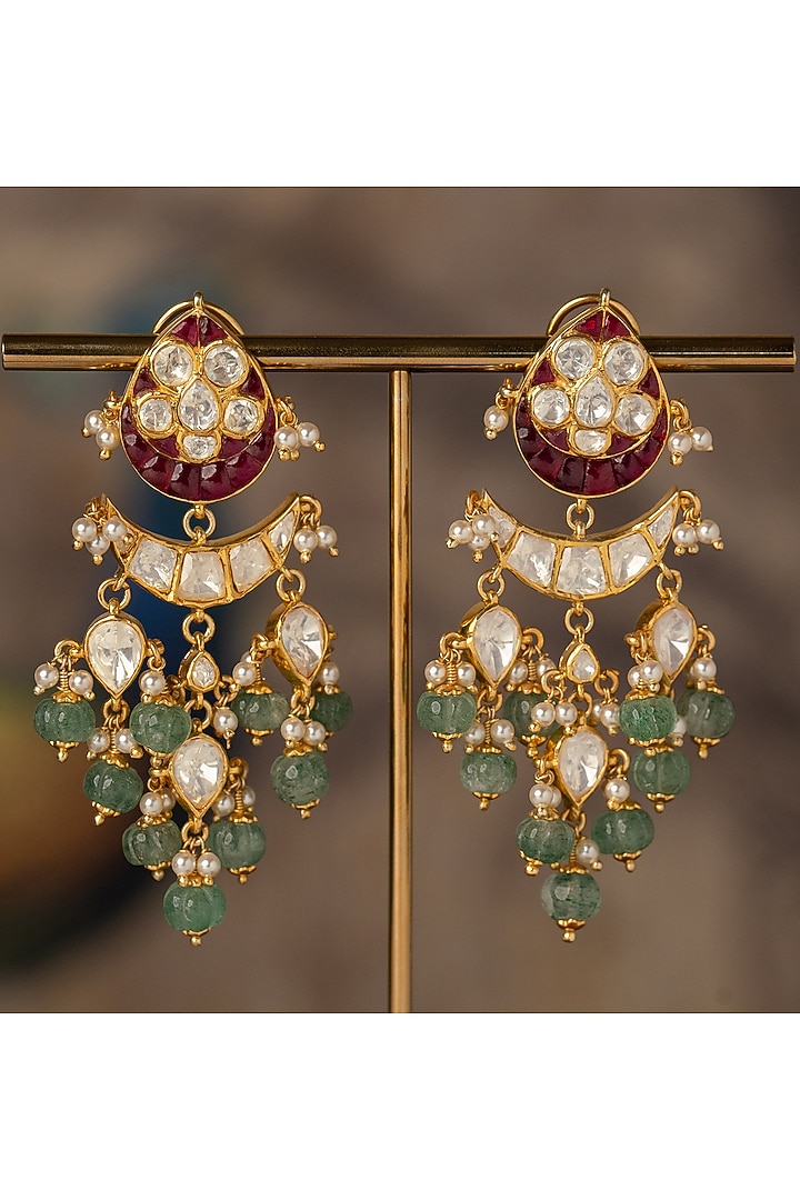 Gold Plated Multi-Colored Kundan Polki Dangler Earrings In Sterling Silver by Varq Jewels at Pernia's Pop Up Shop