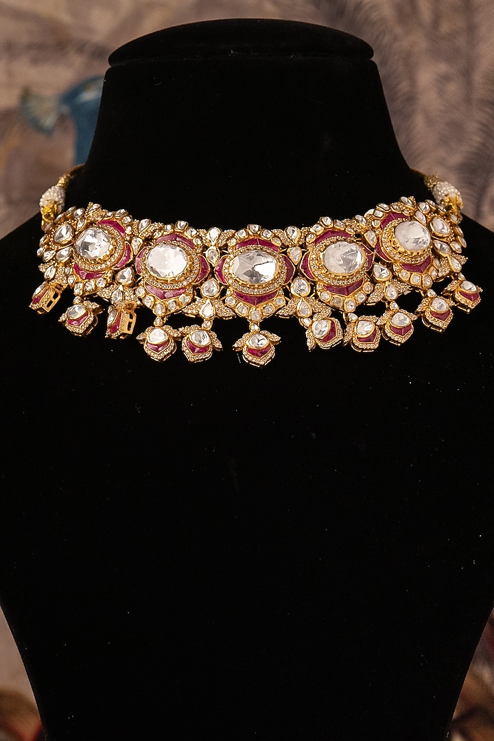 Gold Plated Kundan Polki Choker Necklace In Sterling Silver by Varq Jewels at Pernia's Pop Up Shop