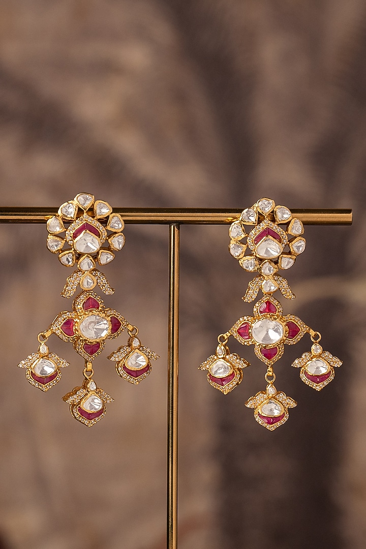Gold Plated White Kundan Polki Dangler Earrings In Sterling Silver by Varq Jewels at Pernia's Pop Up Shop
