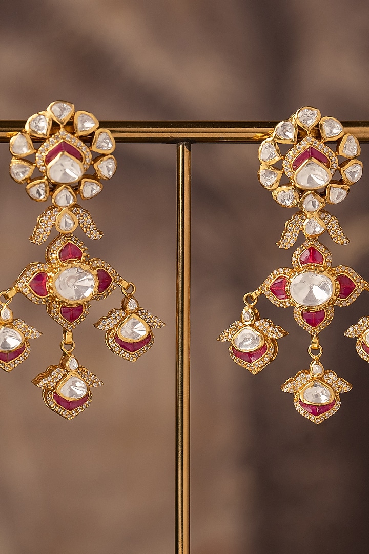 Gold Plated White Kundan Polki Dangler Earrings In Sterling Silver by Varq Jewels at Pernia's Pop Up Shop