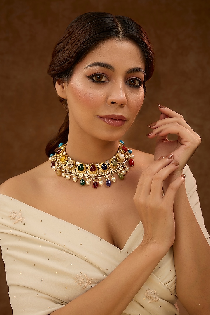 Gold Plated Kundan Polki Necklace In Sterling Silver by Varq Jewels at Pernia's Pop Up Shop