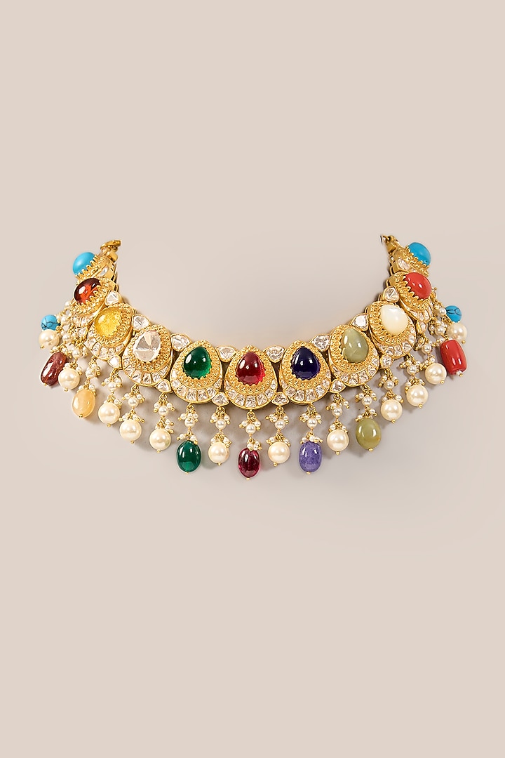 Gold Plated Kundan Polki Necklace In Sterling Silver by Varq Jewels at Pernia's Pop Up Shop