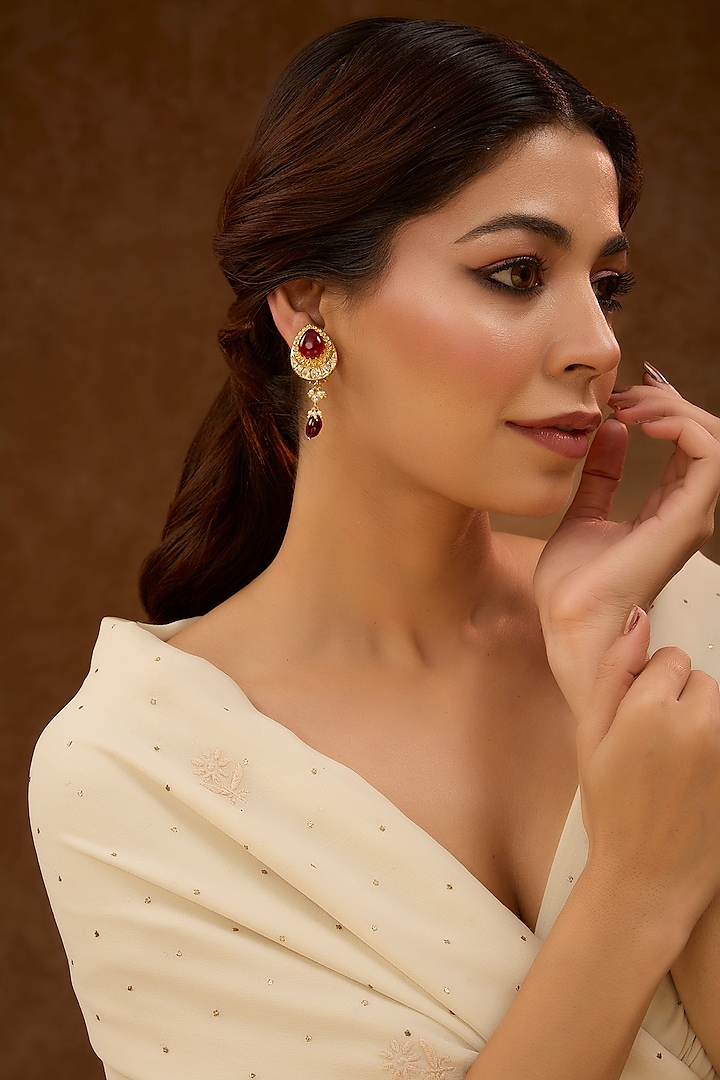 Gold Plated Red Kundan Polki Dangler Earrings In Sterling Silver by Varq Jewels at Pernia's Pop Up Shop