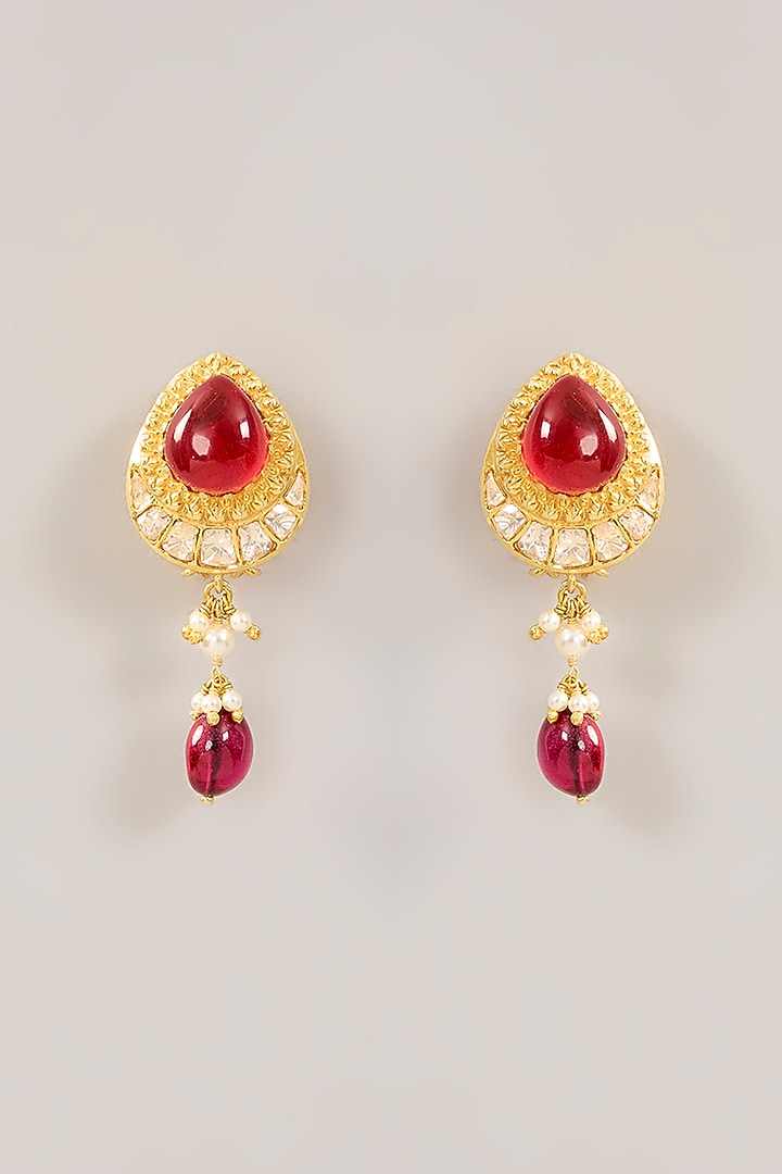 Gold Plated Red Kundan Polki Dangler Earrings In Sterling Silver by Varq Jewels at Pernia's Pop Up Shop