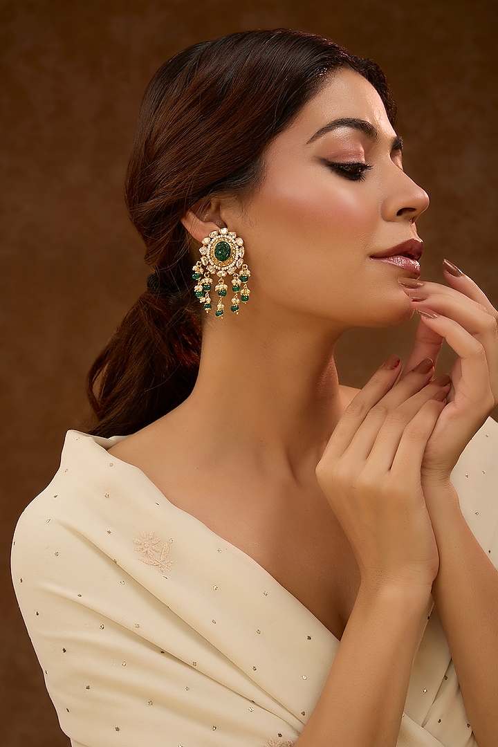 Gold Plated Green Kundan Polki Dangler Earrings In Sterling Silver by Varq Jewels at Pernia's Pop Up Shop