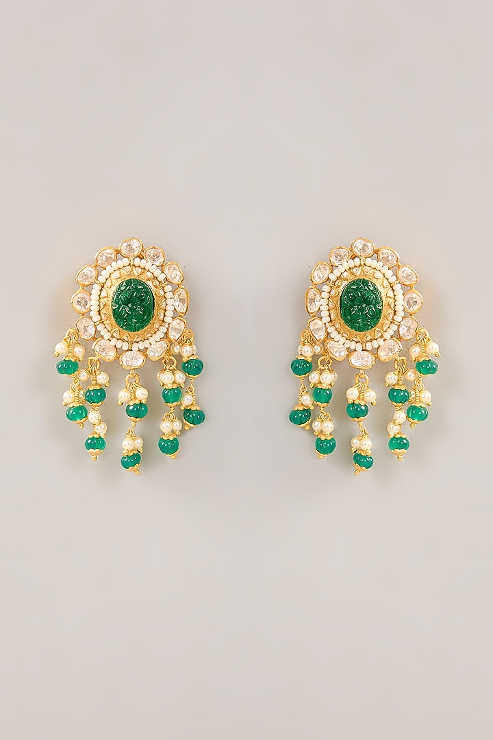 Gold Plated Green Kundan Polki Dangler Earrings In Sterling Silver by Varq Jewels at Pernia's Pop Up Shop