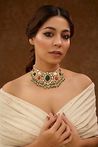Gold Plated Green Kundan Polki Necklace In Sterling Silver by Varq Jewels