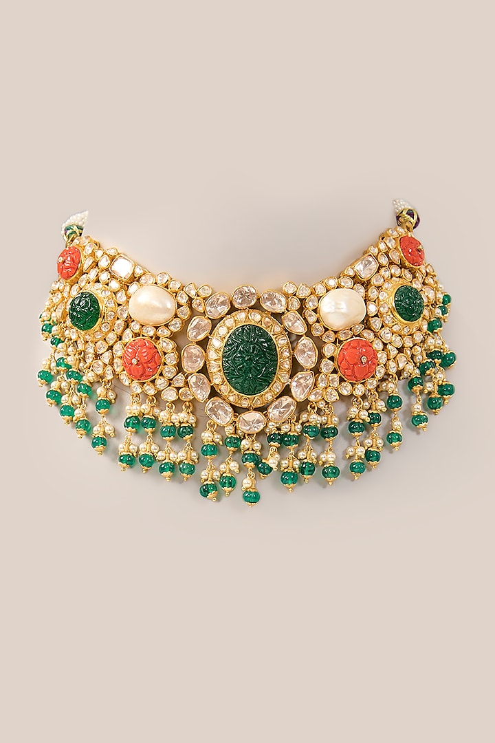 Gold Plated Green Kundan Polki Necklace In Sterling Silver by Varq Jewels at Pernia's Pop Up Shop