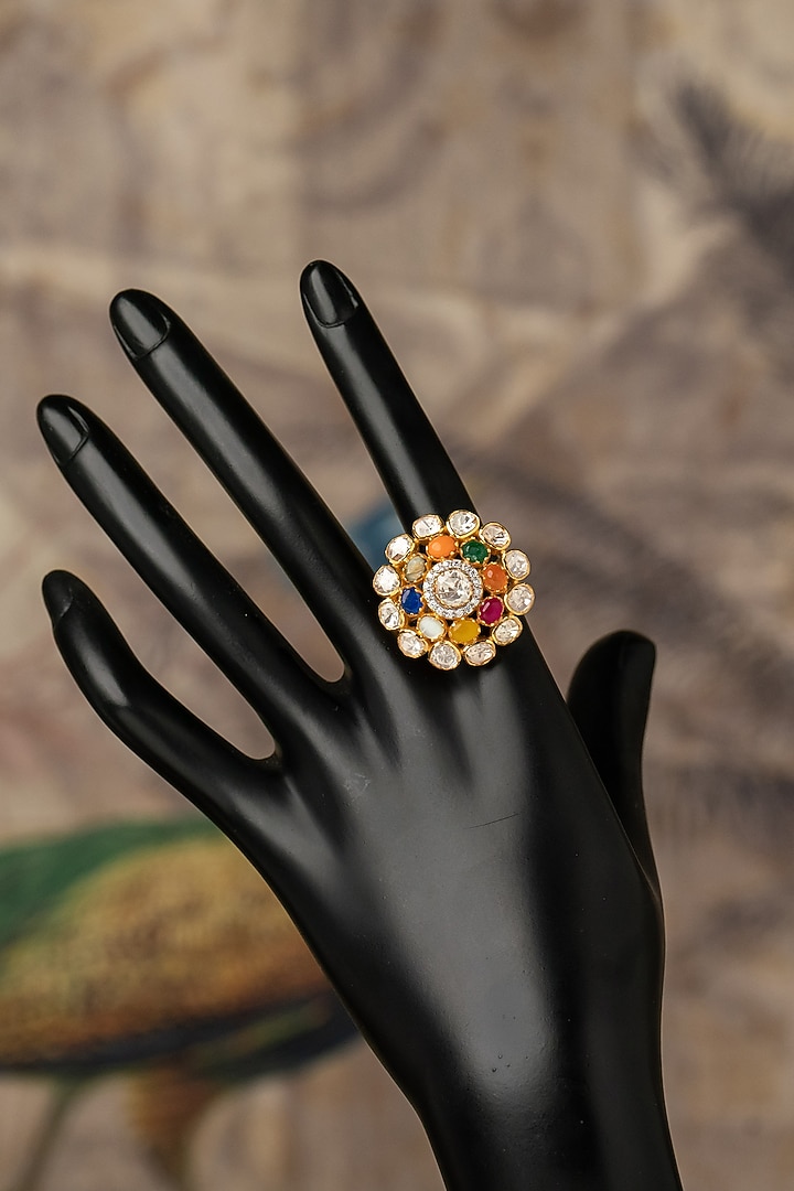 Gold Plated Multi-Colored Gemstone Enameled Ring In Sterling Silver by Varq Jewels at Pernia's Pop Up Shop
