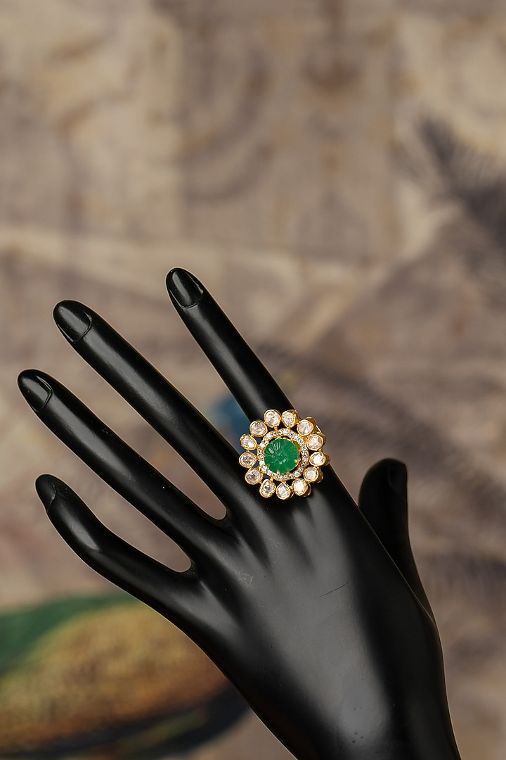 Gold Plated Green Kundan Polki Ring In Sterling Silver by Varq Jewels at Pernia's Pop Up Shop