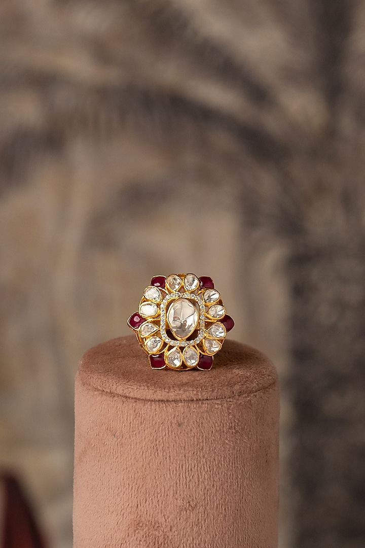 Gold Plated Red Kundan Polki Ring In Sterling Silver by Varq Jewels at Pernia's Pop Up Shop