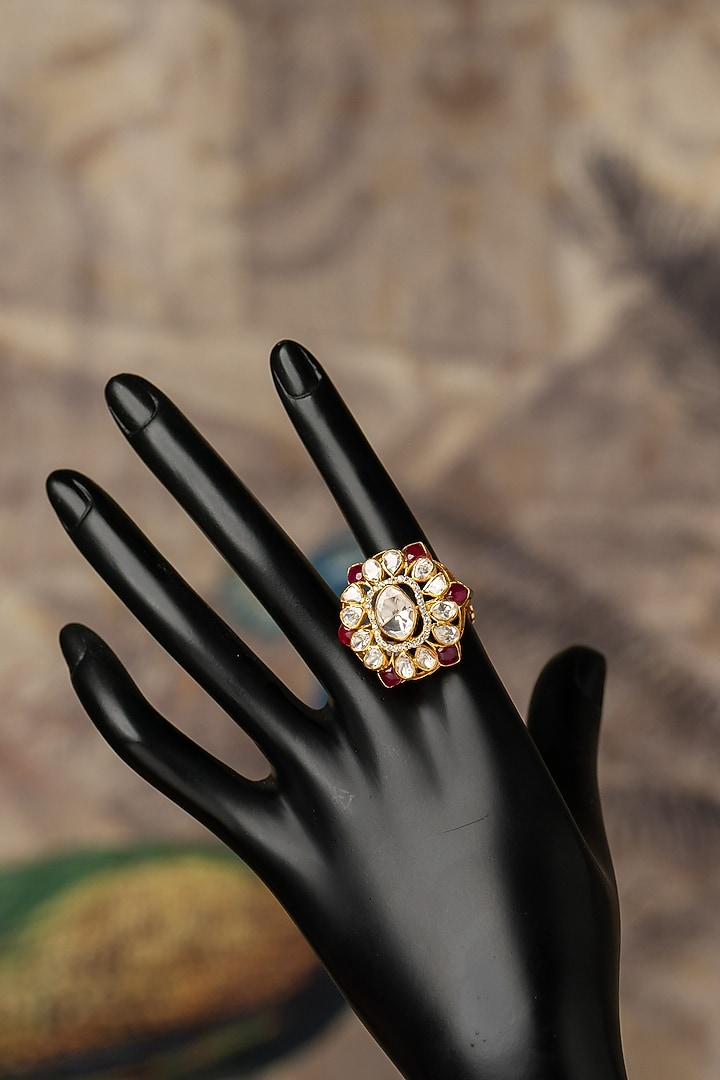 Gold Plated Red Kundan Polki Ring In Sterling Silver by Varq Jewels at Pernia's Pop Up Shop
