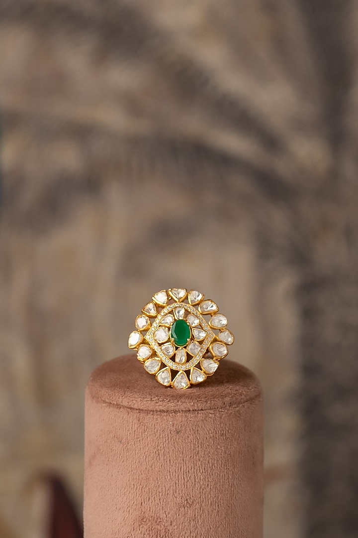 Gold Plated Green Kundan Polki Ring In Sterling Silver by Varq Jewels at Pernia's Pop Up Shop