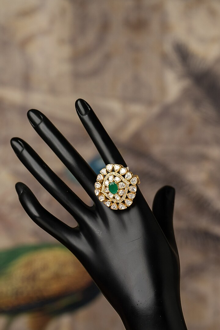 Gold Plated Green Kundan Polki Ring In Sterling Silver by Varq Jewels at Pernia's Pop Up Shop