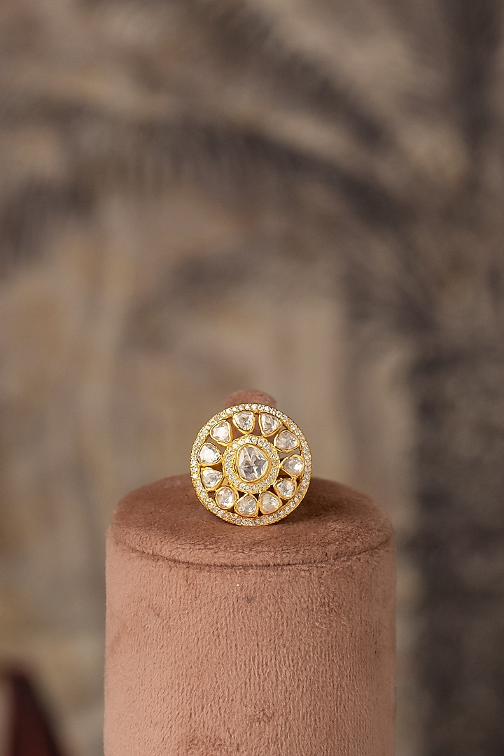 Gold Plated White Kundan Polki Ring In Sterling Silver by Varq Jewels at Pernia's Pop Up Shop