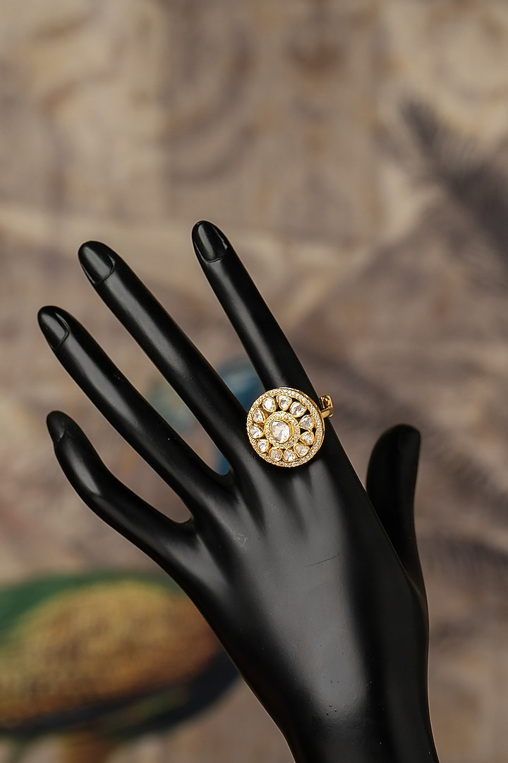 Gold Plated White Kundan Polki Ring In Sterling Silver by Varq Jewels at Pernia's Pop Up Shop