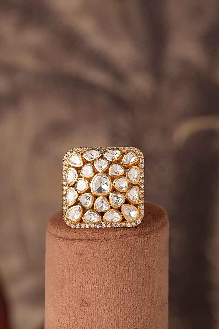 Gold Plated White Kundan Polki Ring In Sterling Silver by Varq Jewels at Pernia's Pop Up Shop