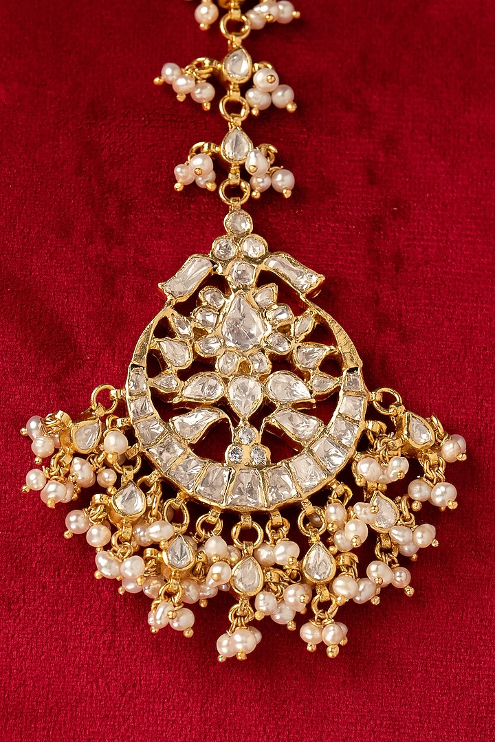 Gold Finish Moissanite Polki & Zircon Maangtikka In Sterling Silver by Varq Jewels at Pernia's Pop Up Shop