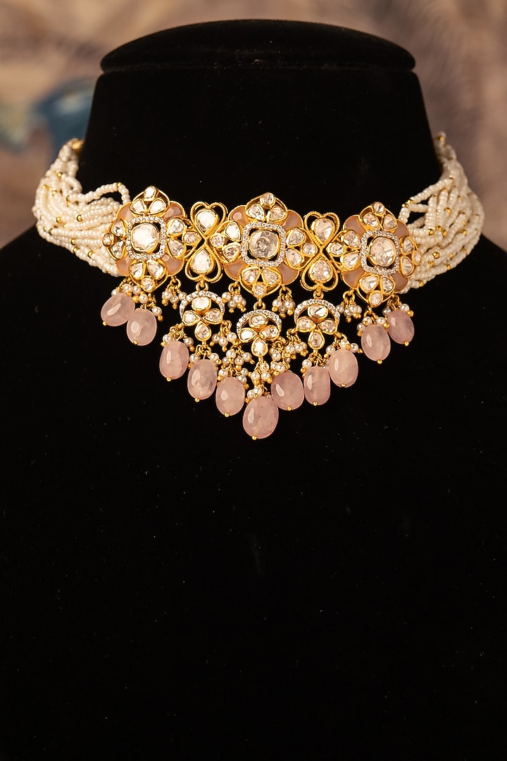 Gold Plated Pink Kundan Polki Choker Necklace In Sterling Silver by Varq Jewels at Pernia's Pop Up Shop