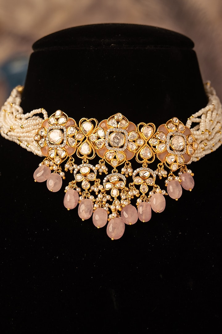 Gold Plated Pink Kundan Polki Choker Necklace In Sterling Silver by Varq Jewels at Pernia's Pop Up Shop