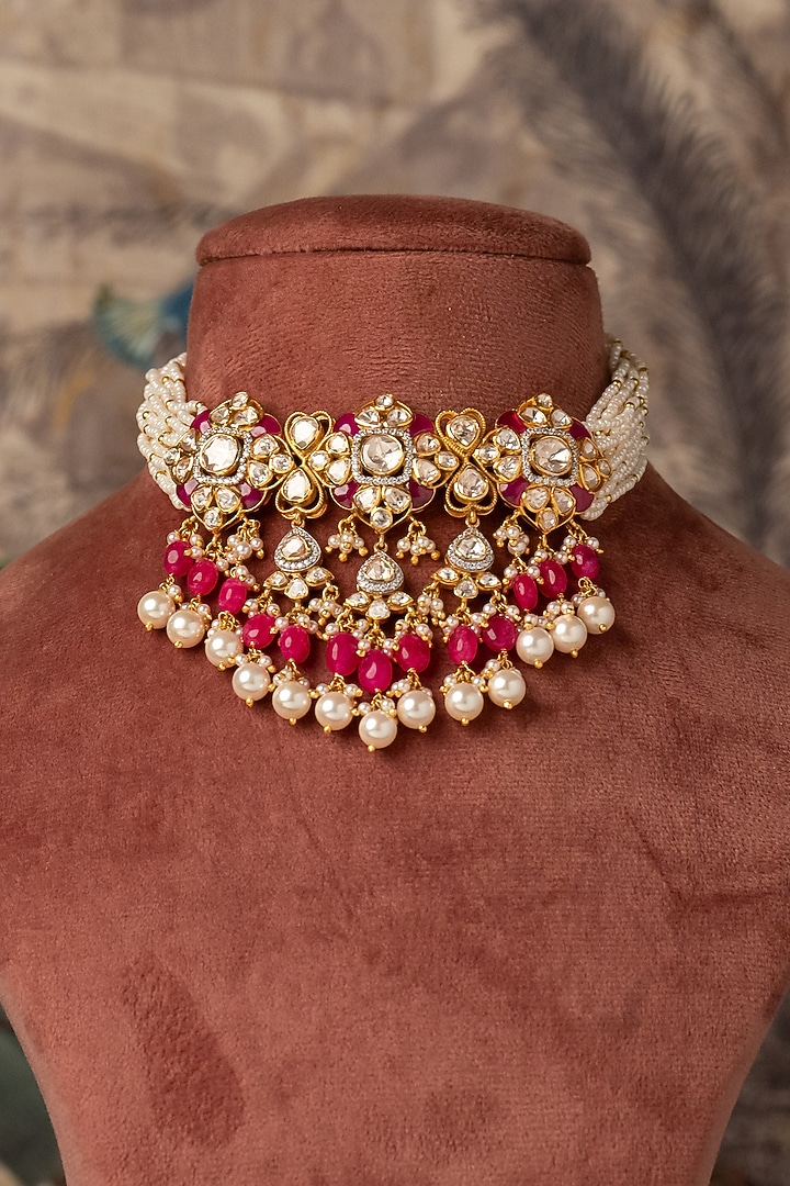 Gold Plated Red Kundan Polki Choker Necklace In Sterling Silver by Varq Jewels at Pernia's Pop Up Shop