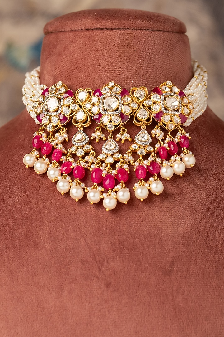 Gold Plated Red Kundan Polki Choker Necklace In Sterling Silver by Varq Jewels at Pernia's Pop Up Shop