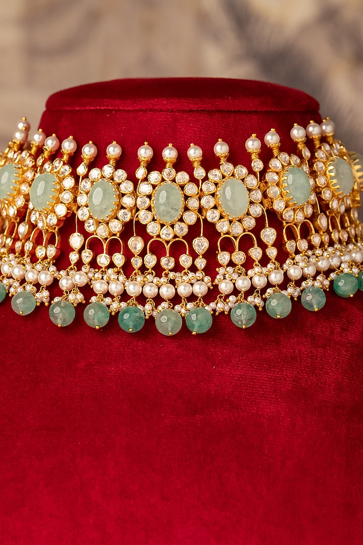 Gold Plated Kundan Polki & Russian Emerald Choker Necklace In Sterling Silver by Varq Jewels at Pernia's Pop Up Shop