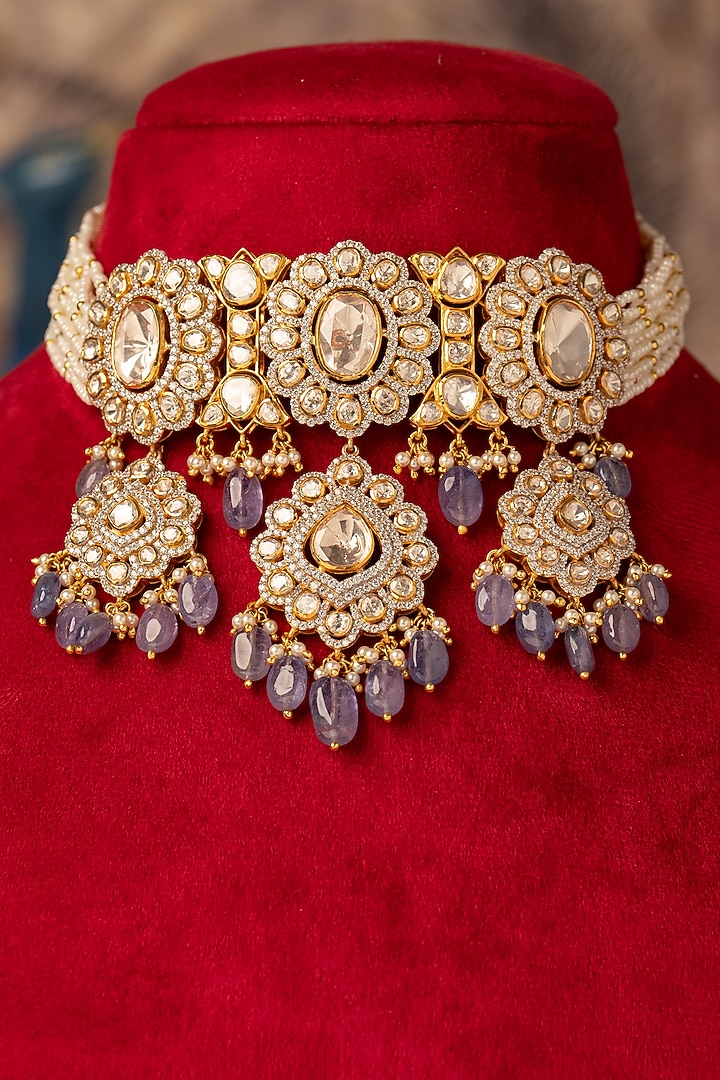 Gold Plated Grey Kundan Polki Choker Necklace In Sterling Silver by Varq Jewels at Pernia's Pop Up Shop