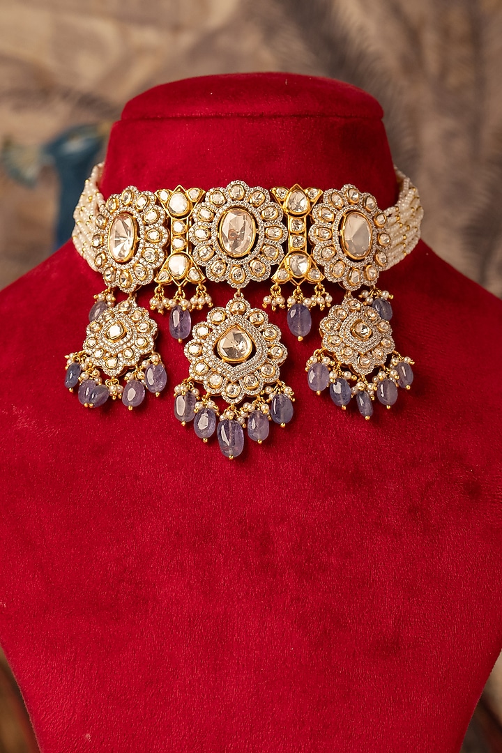 Gold Plated Grey Kundan Polki Choker Necklace In Sterling Silver by Varq Jewels at Pernia's Pop Up Shop