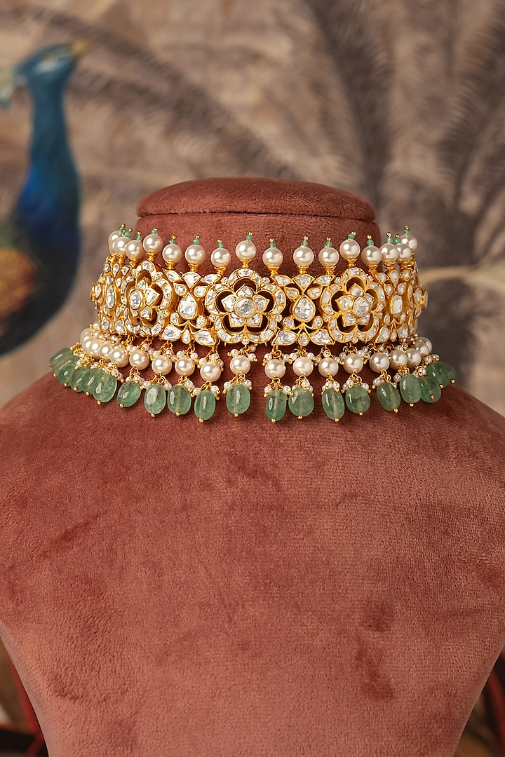 Gold Plated Green Kundan Polki Choker Necklace In Sterling Silver by Varq Jewels at Pernia's Pop Up Shop