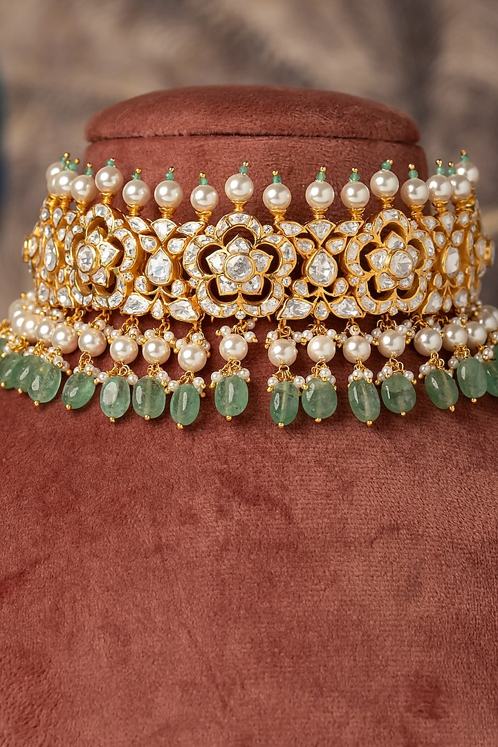 Gold Plated Green Kundan Polki Choker Necklace In Sterling Silver by Varq Jewels at Pernia's Pop Up Shop