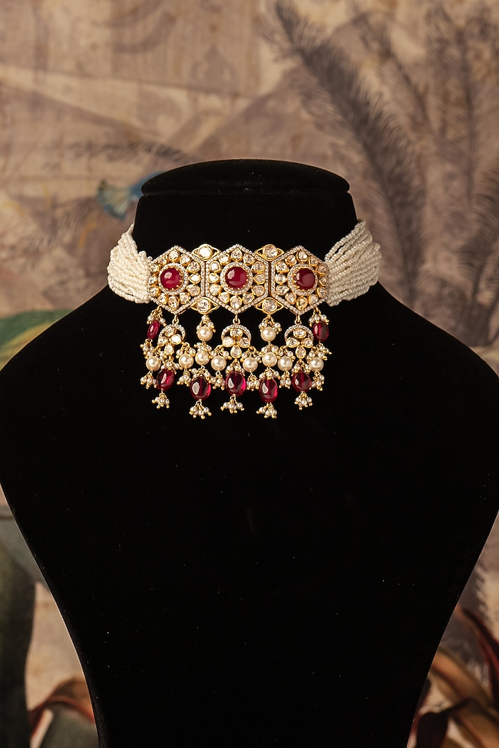 Gold Plated Red Kundan Polki Choker Necklace In Sterling Silver by Varq Jewels at Pernia's Pop Up Shop