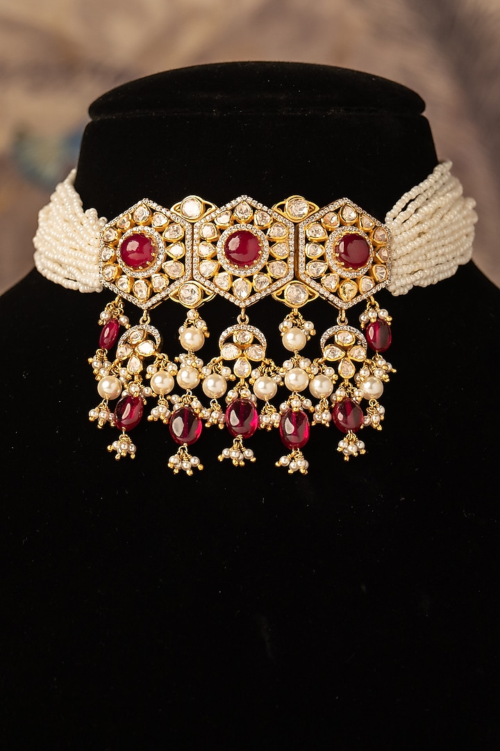 Gold Plated Red Kundan Polki Choker Necklace In Sterling Silver by Varq Jewels at Pernia's Pop Up Shop