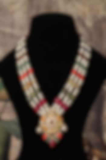 Gold Plated White Kundan Polki Long Necklace In Sterling Silver by Varq Jewels at Pernia's Pop Up Shop