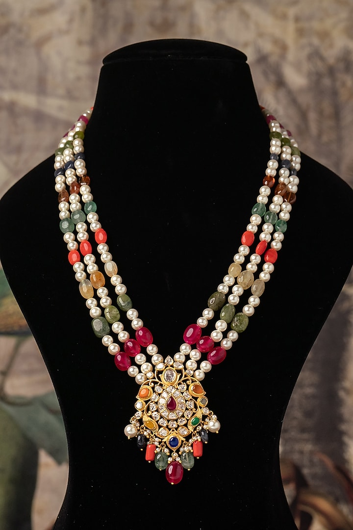 Gold Plated White Kundan Polki Long Necklace In Sterling Silver by Varq Jewels at Pernia's Pop Up Shop