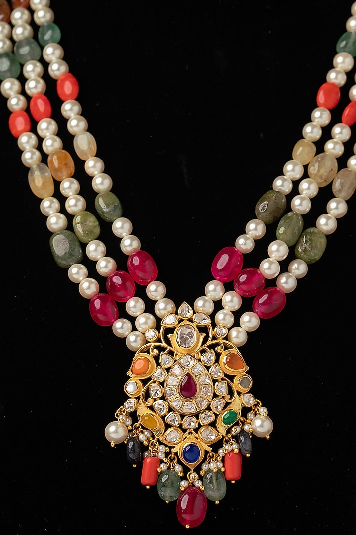 Gold Plated White Kundan Polki Long Necklace In Sterling Silver by Varq Jewels at Pernia's Pop Up Shop