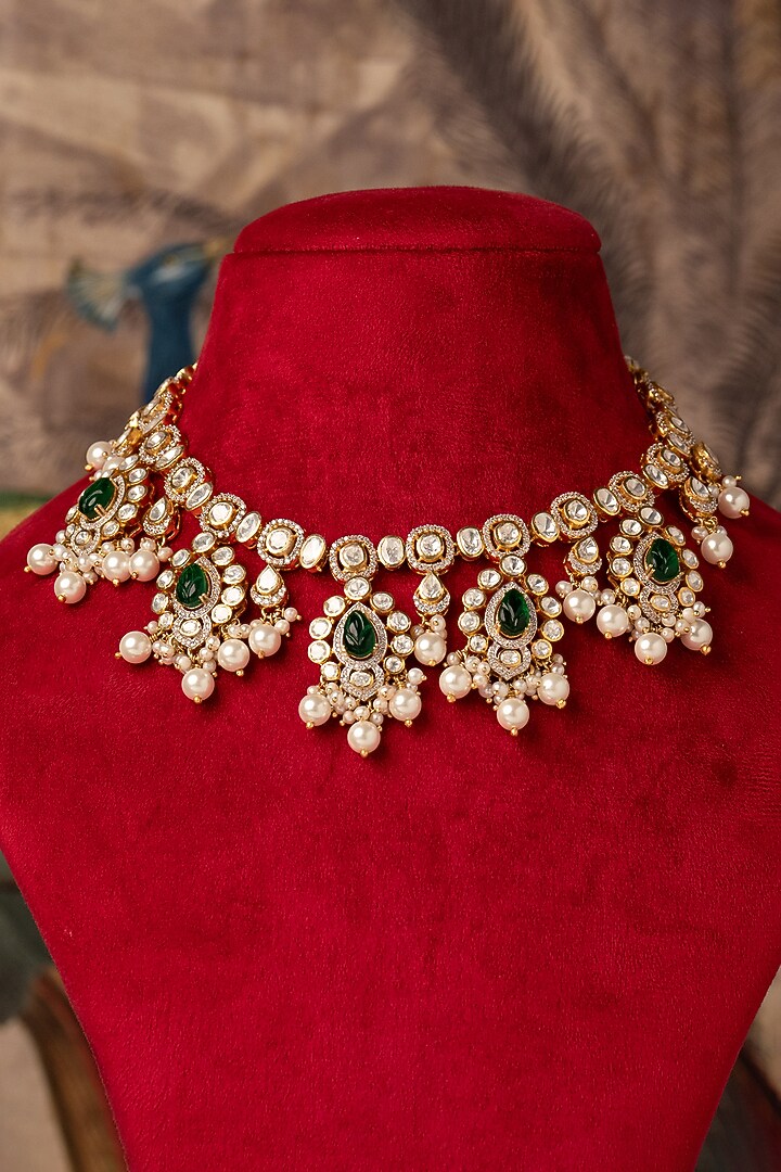 Gold Plated Green Kundan Polki Necklace In Sterling Silver by Varq Jewels at Pernia's Pop Up Shop