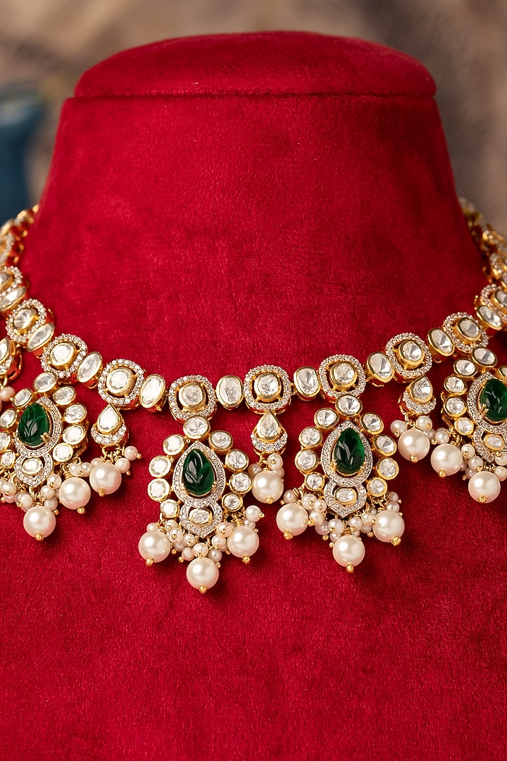Gold Plated Green Kundan Polki Necklace In Sterling Silver by Varq Jewels at Pernia's Pop Up Shop