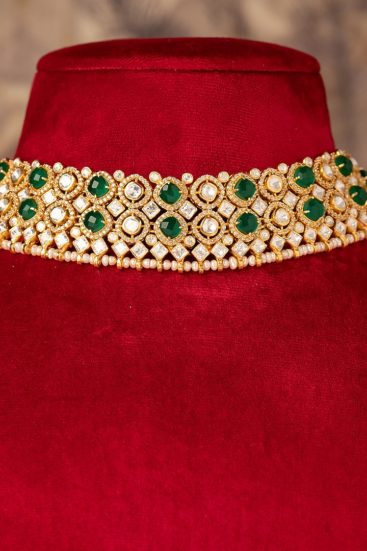Gold Plated Green Kundan Polki Choker Necklace In Sterling Silver by Varq Jewels at Pernia's Pop Up Shop